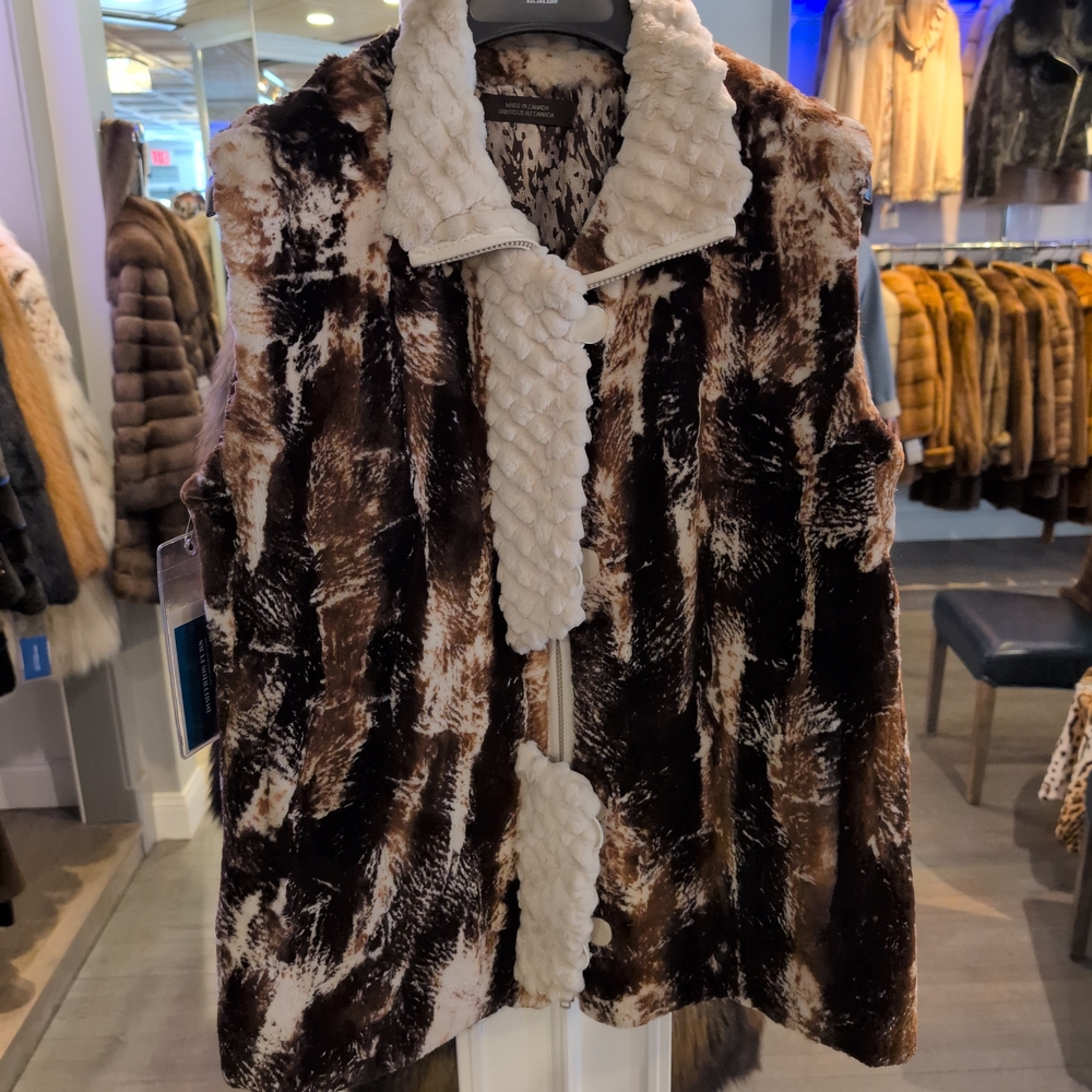 Women's Ultra Soft Sheared Beaver Brown and Cream Fur Vest